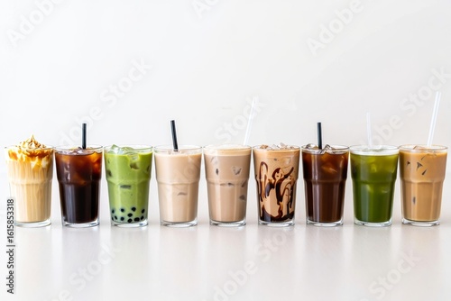 Assortment of refreshing cold drinks lined up against a white background