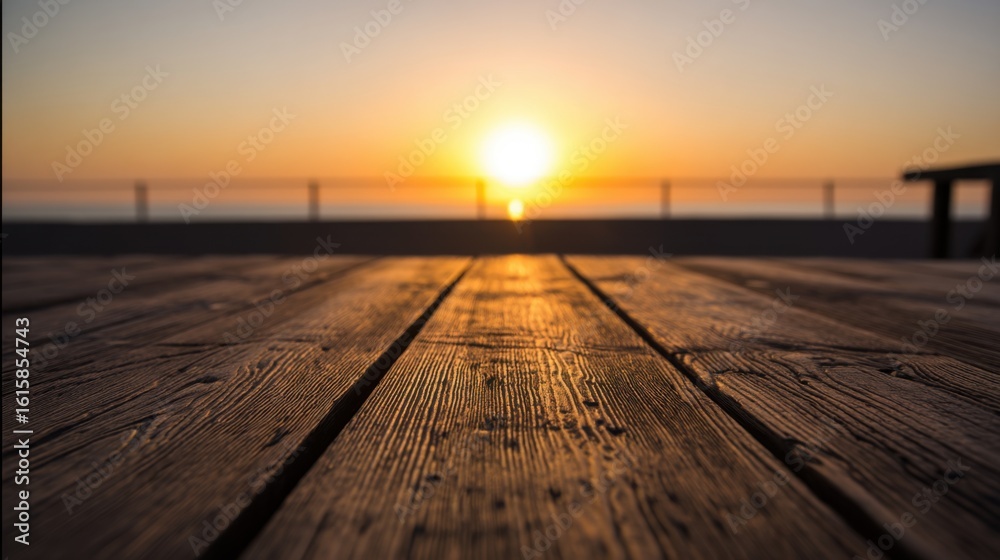 Fototapeta premium A wooden deck extends toward a blurred sunset, parallel planks with visible grain texture under warm golden light,