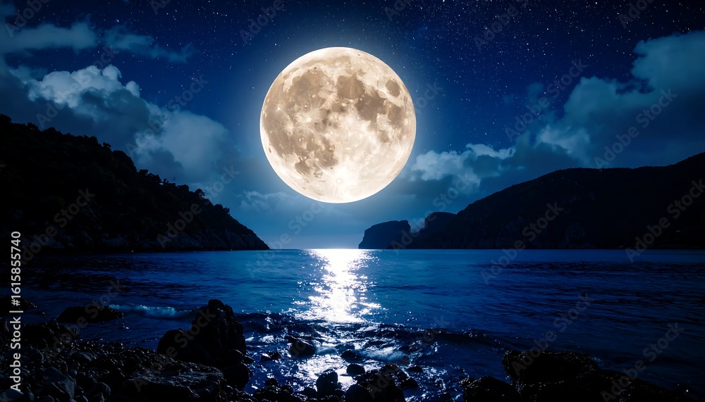 Fototapeta premium Majestic Full Moon Illuminating Ocean Waters Under a Starry Night Sky