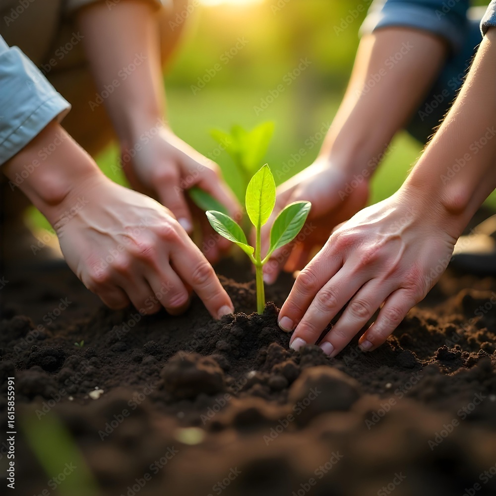 Fototapeta premium New Beginnings: Hands Nurturing a Young Plant