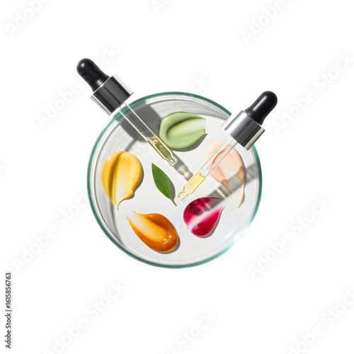 Natural skin care product swatches displayed in a petri dish, complete with a dropper and green plants, on a clean white background.