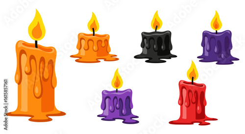 A colorful arrangement of melting candles creates a spooky and festive atmosphere, perfect for Halloween decorations and adding a touch of whimsy to seasonal designs.