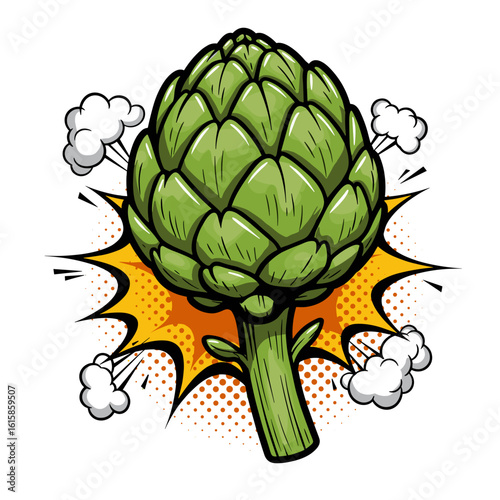Vibrant green artichoke vegetable in pop art style with explosion effect  