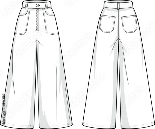Wide-leg pants front and back view, high waist, button closure, zipper fly, pockets, belt loops, fashion illustration, garment construction