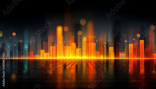 Glowing bar chart with futuristic lighting and vibrant orange and yellow colors creating dynamic digital cityscape effect