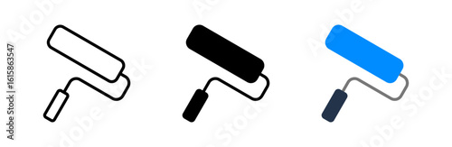 Paint roller icons in outline, solid, and blue styles representing painting tools, home improvement, renovation, wall coloring, and decorating concepts in construction and design