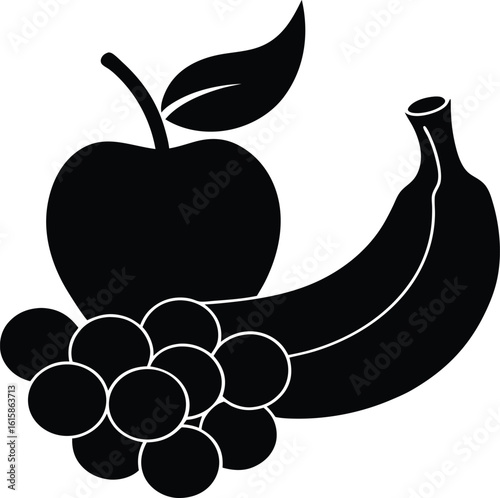 Black silhouette of apple, banana, and grapes. Fresh fruit composition vector icon.