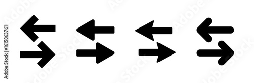 Exchange and data transfer icons featuring opposing arrows in various solid styles, symbolizing communication, synchronization, file sharing, migration, and digital connectivity