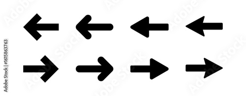 Left and right arrow icons in multiple solid styles representing direction, navigation, movement, interface controls, digital flow, user interaction, and orientation cues