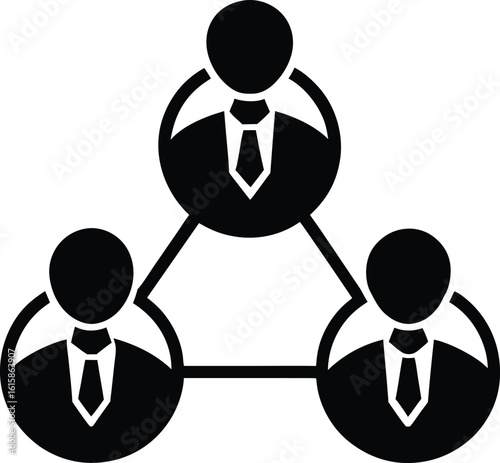 A black vector icon representing a business team in a triangular structure for collaboration