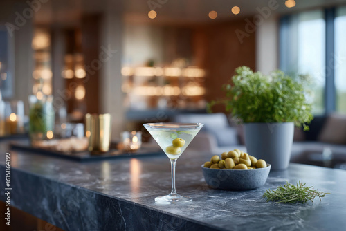 Wallpaper Mural Dry martini cocktail with green olives in modern bar setting Torontodigital.ca