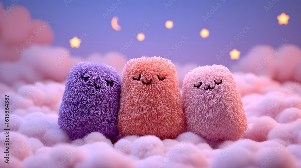 Fototapeta premium Three fluffy, friendly creatures nestled amongst clouds.