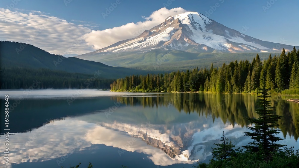 Naklejka premium Lake reflections of snow-capped mountains in national parks, showcasing scenic summer landscapes and the majestic beauty of nature under a clear blue sky