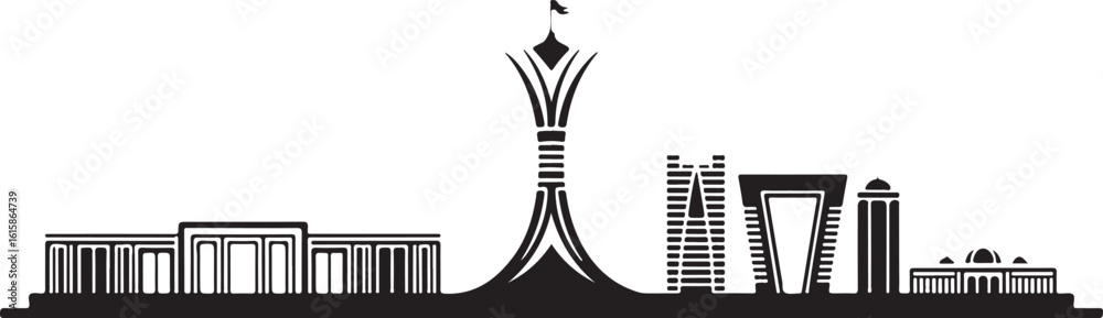 Ashgabat Skyline Silhouette Monument of Neutrality Modern Buildings Turkmenistan City Vector on White Background Ashgabat Skyline Silhouette Monument of Neutrality Modern Buildings Turkmenistan City Vector on White Background