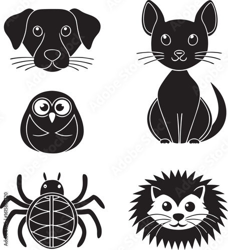 A diverse collection of domestic animal companions including dogs and cats artfully rendered in a striking black silhouette style perfect for various design applications and pet themed projects