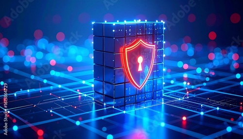 Glowing red shield on a blue cube structure, representing digital security and data protection