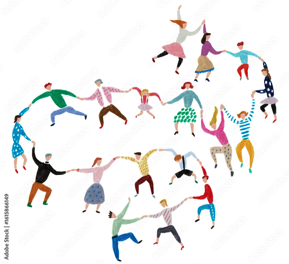 Fototapeta premium 手描きイラスト 手をつなぎながら歩く大勢の人々