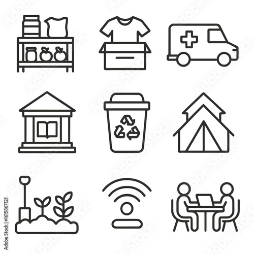 Community Services Icons. Line style icons of community services: food bank shelf, clothing donation, mobile clinic, public