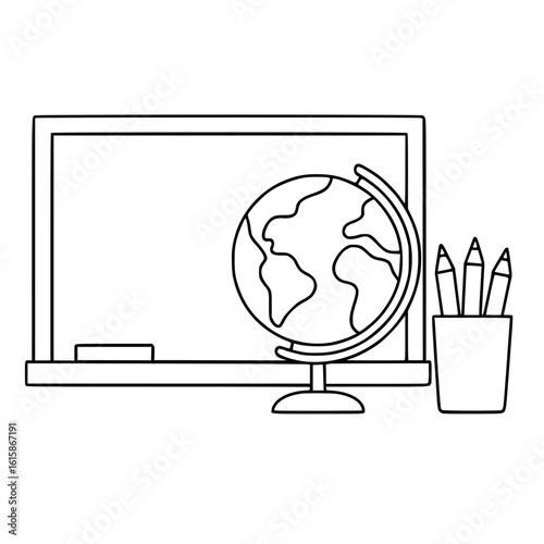 Chalkboard, globe, and pencils on a desk in a classroom setting  