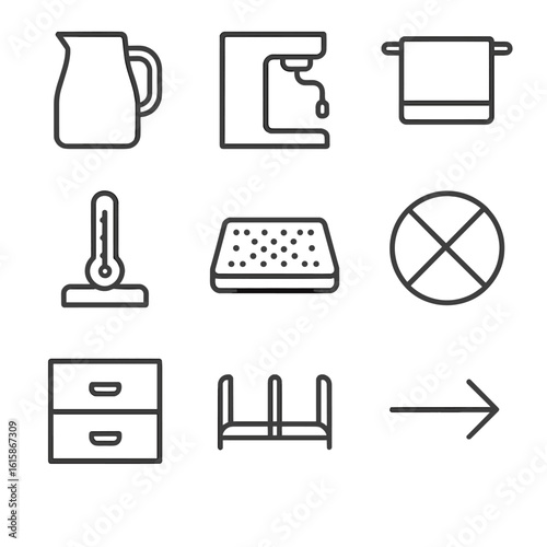 Steaming Station Icons. Line style icons of steaming station layout: jug zone, steam wand spot, towel holder, thermometer stand,