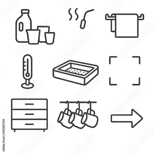 Steaming Station Icons. Line style icons of steaming station layout: jug zone, steam wand spot, towel holder, thermometer stand,