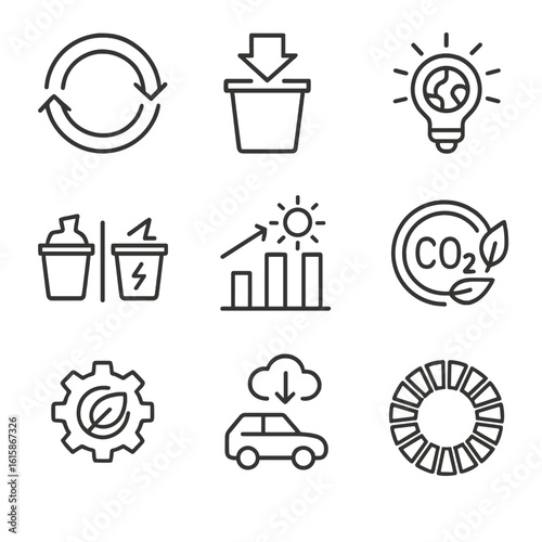 Sustainability Icons. Line style icons of sustainability benefits: circular economy loop, reduced landfill symbol, clean energy