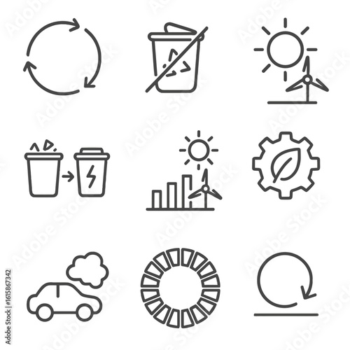 Sustainability Icons. Line style icons of sustainability benefits: circular economy loop, reduced landfill symbol, clean energy