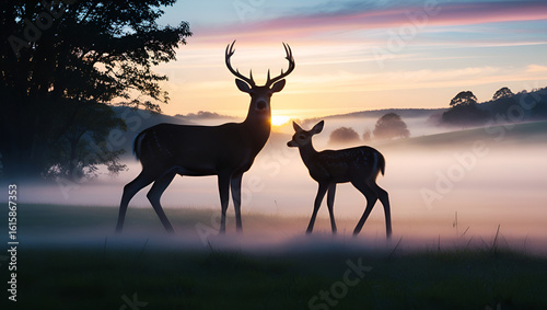 Serene Sunrise Landscape Featuring the Silhouettes of a Deer and Its Fawn Amid Soft Mist