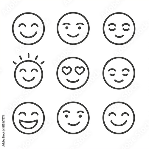 Positive Emotions Icons. Line style icons of positive emotions: joyful smile, confident face, grateful eyes, hopeful expression,