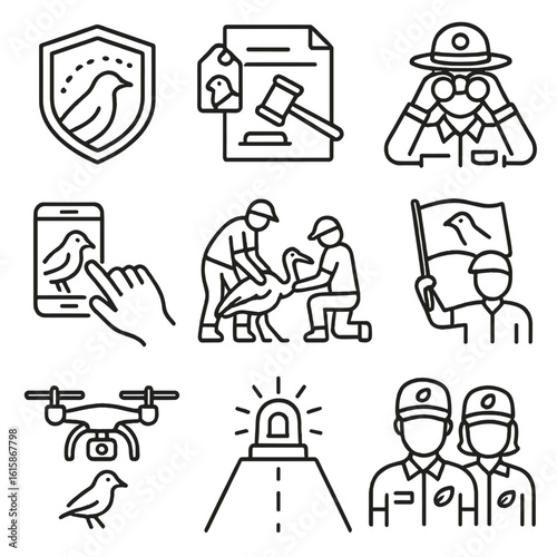 Migratory Species Icons. Line style icons of migratory species protection actions: protected route badge, tagged species law icon,
