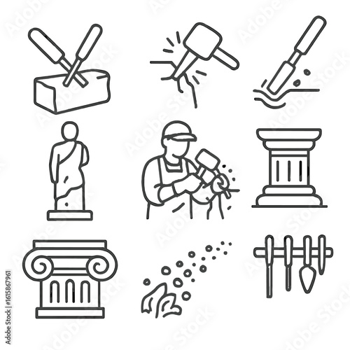 Stone Carving Icons. Line style icons of stone carving and sculpture: chisel and stone block, mallet hitting edge, carving groove,