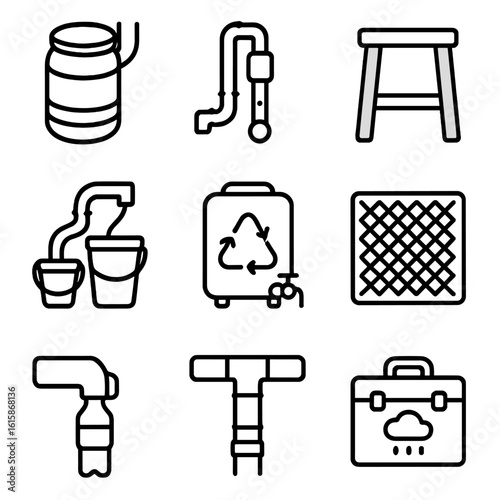 DIY Rainwater Harvesting Icons. Line style icons of DIY rainwater harvesting: plastic barrel with homemade pipe, DIY first flush,
