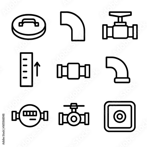 Rainwater System Icons. Line style icons of rainwater harvesting system components: tank lid with handle, pipe elbow, valve with