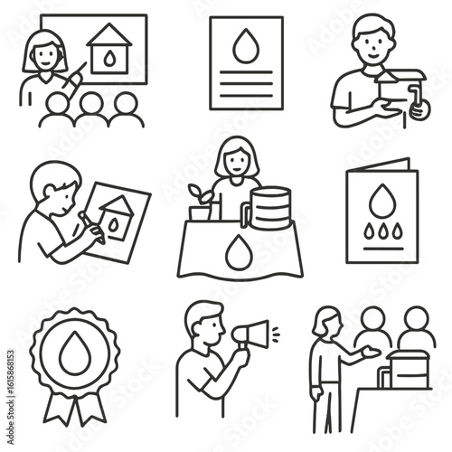Rainwater Harvesting Icons. Line style icons of rainwater harvesting awareness: community workshop icon, informational poster,