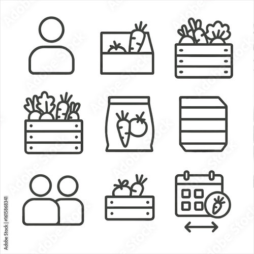 CSA Share Icons. Line style icons of CSA share types and sizes: single-person share icon, half box illustration, full share crate,