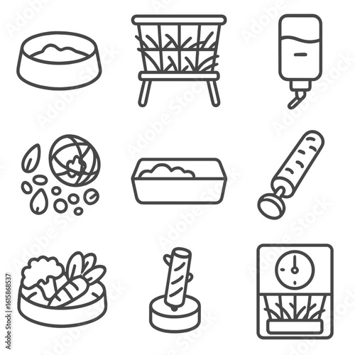 Small Pet Feeding Icons. Line style icons of small pet feeding: hamster bowl, guinea pig hay rack, rabbit treat ball, water bottle