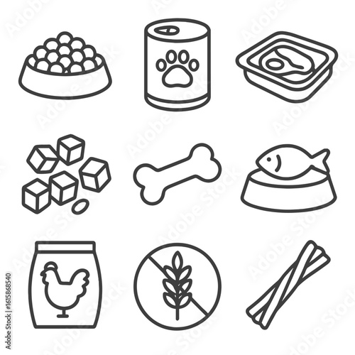 Pet Food Icons. Line style icons of pet food types: dry kibble, wet food can, raw food tray, freeze-dried bites, bone-shaped treat