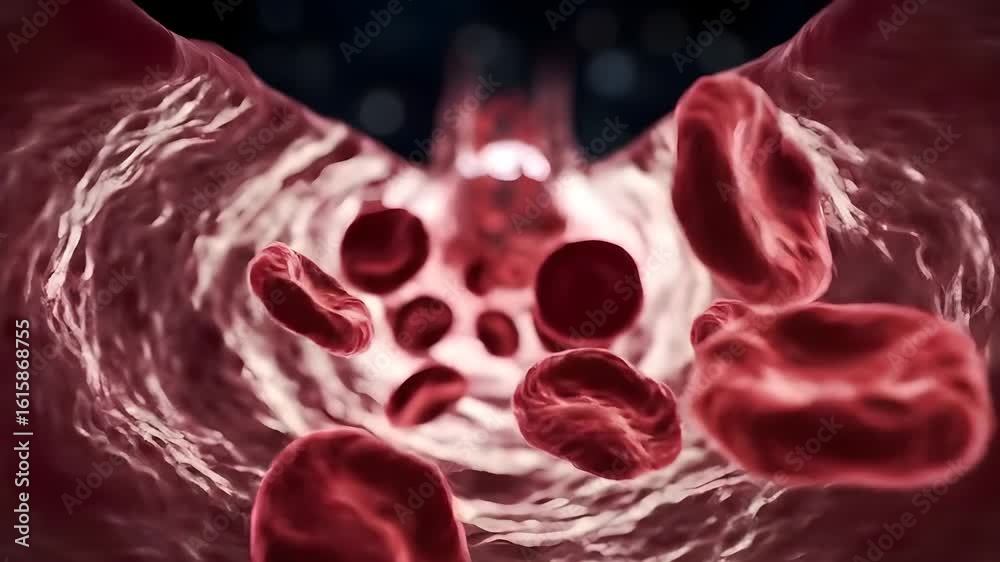 3D illustration red blood cells flowing in a blood vessel showing the ...