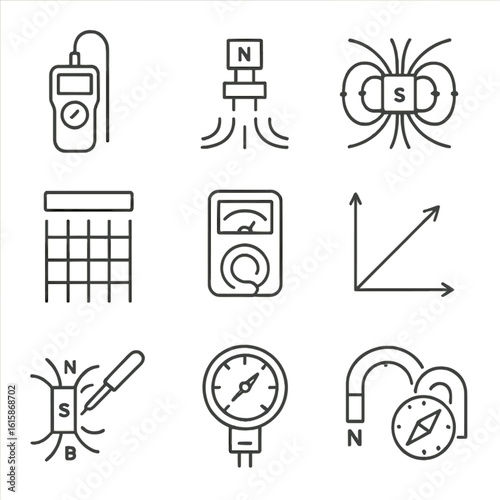 Magnetic Field Icons. Line style icons of magnetic field measurement: Gaussmeter probe icon, Hall effect sensor, magnetic field