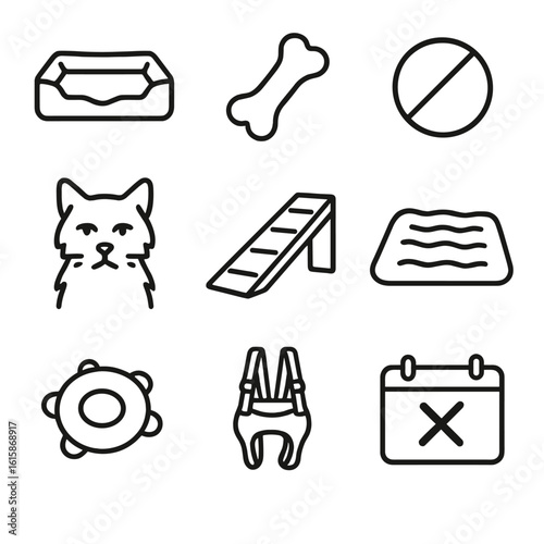Senior Pet Care Icons. Line style icons of pet aging and senior care: orthopedic bed, soft chew treat, joint support pill, gray