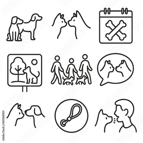 Pet Socialization Icons. Line style icons of pet socialization: pet meetup icon, two animals greeting, playdate calendar,