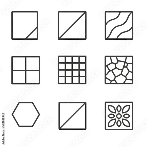 Tile Material Icons. Line style icons of tile materials: ceramic tile, porcelain tile, marble tile, glass tile, mosaic sheet,