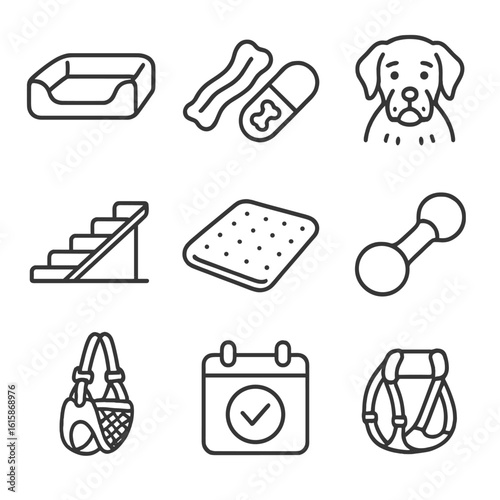 Senior Pet Care Icons. Line style icons of pet aging and senior care: orthopedic bed, soft chew treat, joint support pill, gray