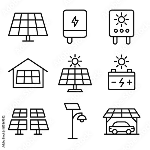 Solar Energy Icons. Line style icons of solar energy systems: photovoltaic panel, solar inverter box, solar charge controller,