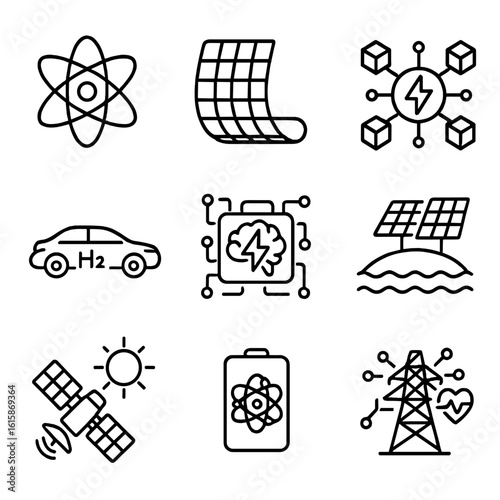 Future Energy Icons. Line style icons of future energy concepts: fusion reactor symbol, transparent solar film, energy blockchain