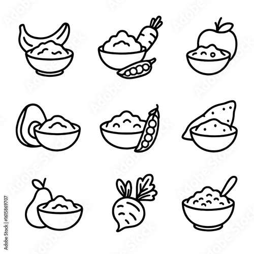 Baby Puree Ingredients Icons. Line style icons of baby puree ingredients: mashed banana, steamed carrot, pureed apple, soft