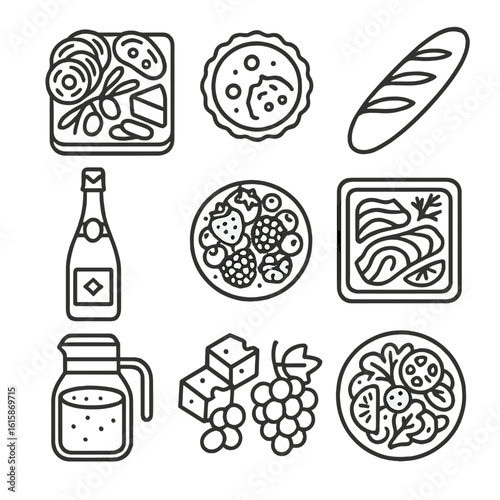 Gourmet Picnic Icons. Line style icons of gourmet picnic ideas: charcuterie board, mini quiche, fresh baguette, sparkling wine