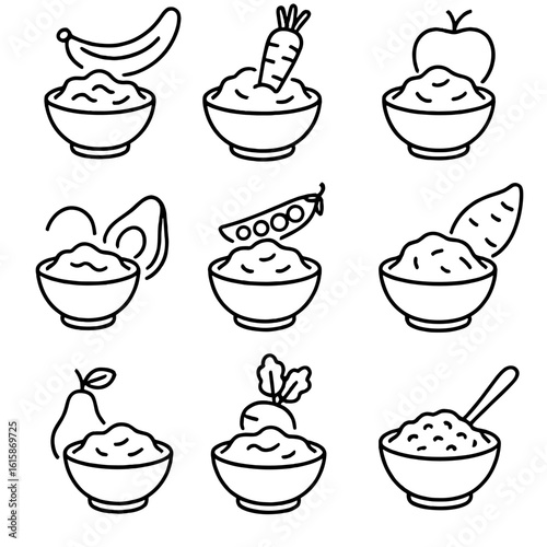 Baby Puree Ingredients Icons. Line style icons of baby puree ingredients: mashed banana, steamed carrot, pureed apple, soft