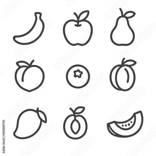 Baby Food Fruit Icons. Line style icons of common baby food fruits: banana, apple, pear, peach, blueberry, plum, mango, apricot,