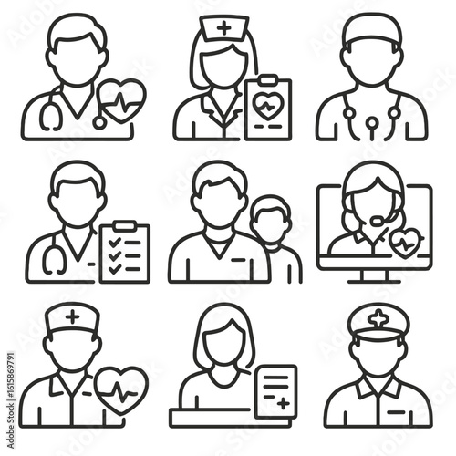 Cardiovascular Specialist Icons. Line style icons of specialist roles in cardiovascular exam: cardiologist profile icon, nurse